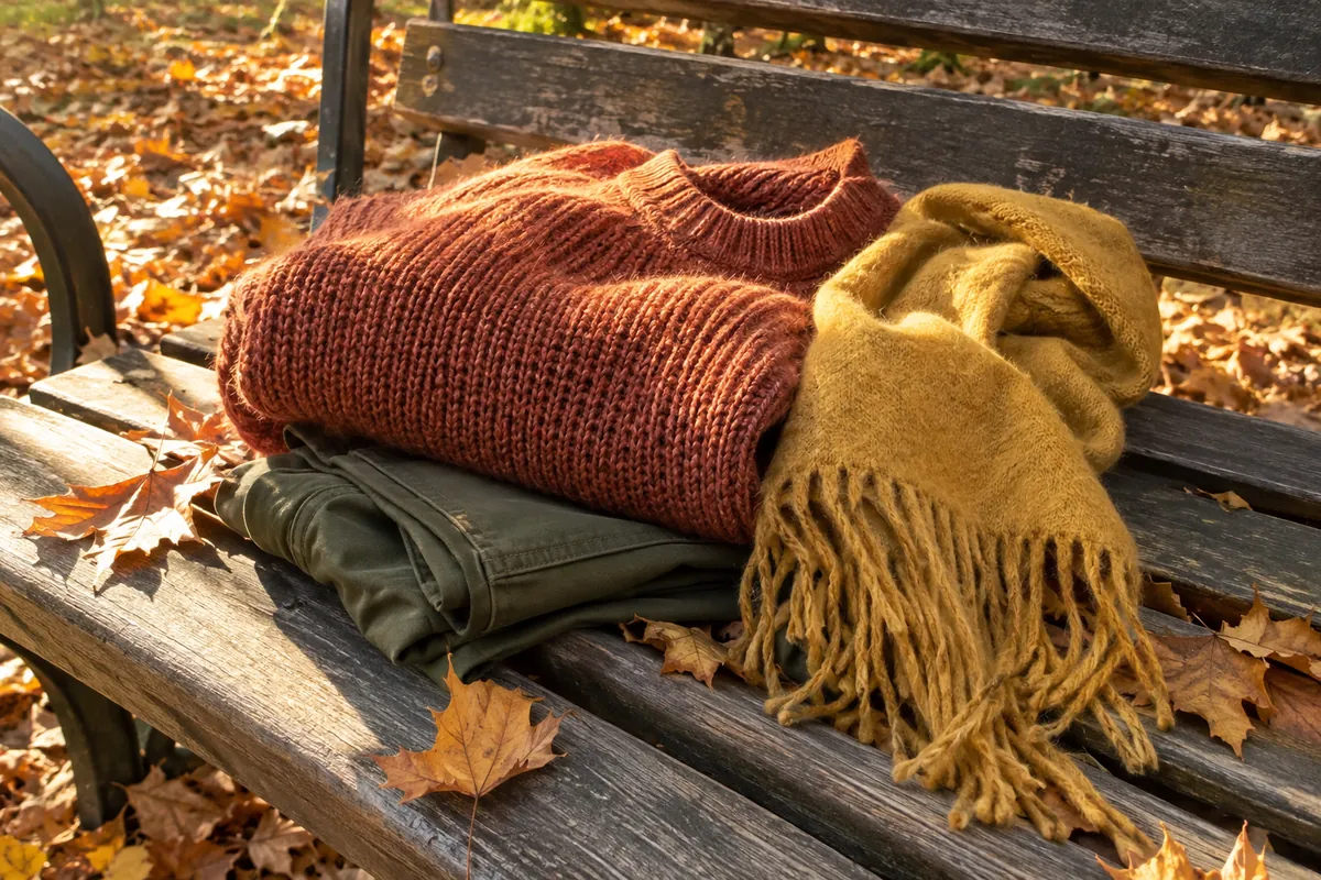 Autumn leaves, a rust knit sweater, a mustard scarf and olive trousers folded on a wooden bench in soft golden light