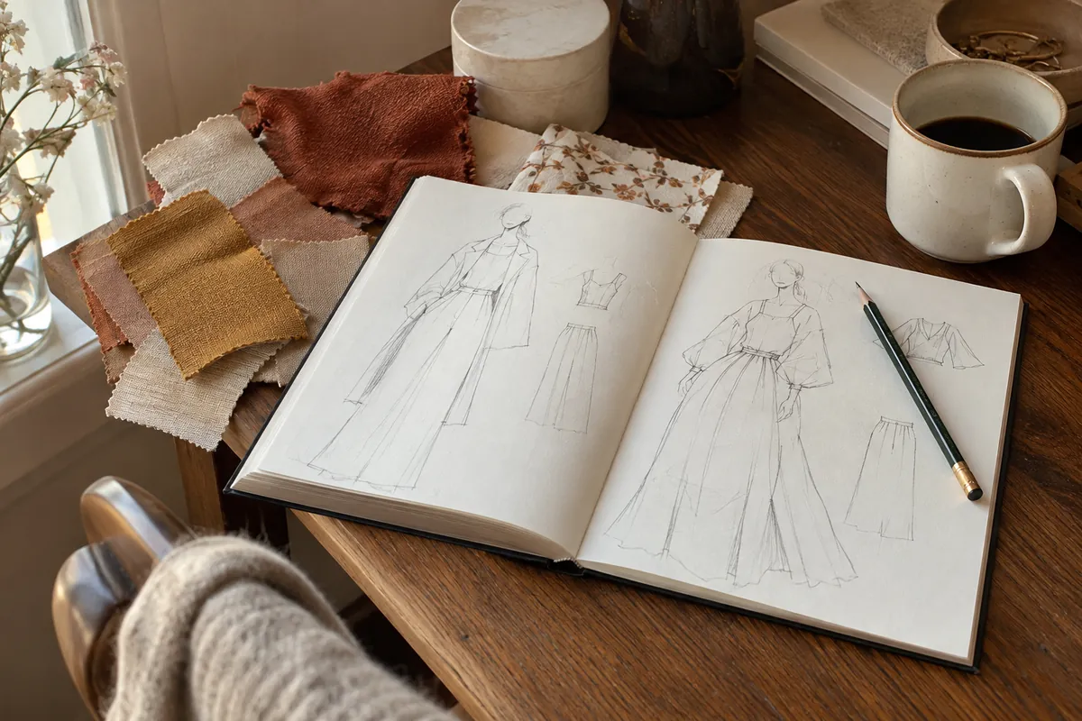 Desk with a sketchbook of outfit drawings, fabric swatches and a cup of coffee