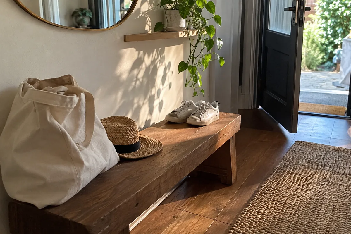 Entryway bench with a canvas tote, a straw hat and white sneakers