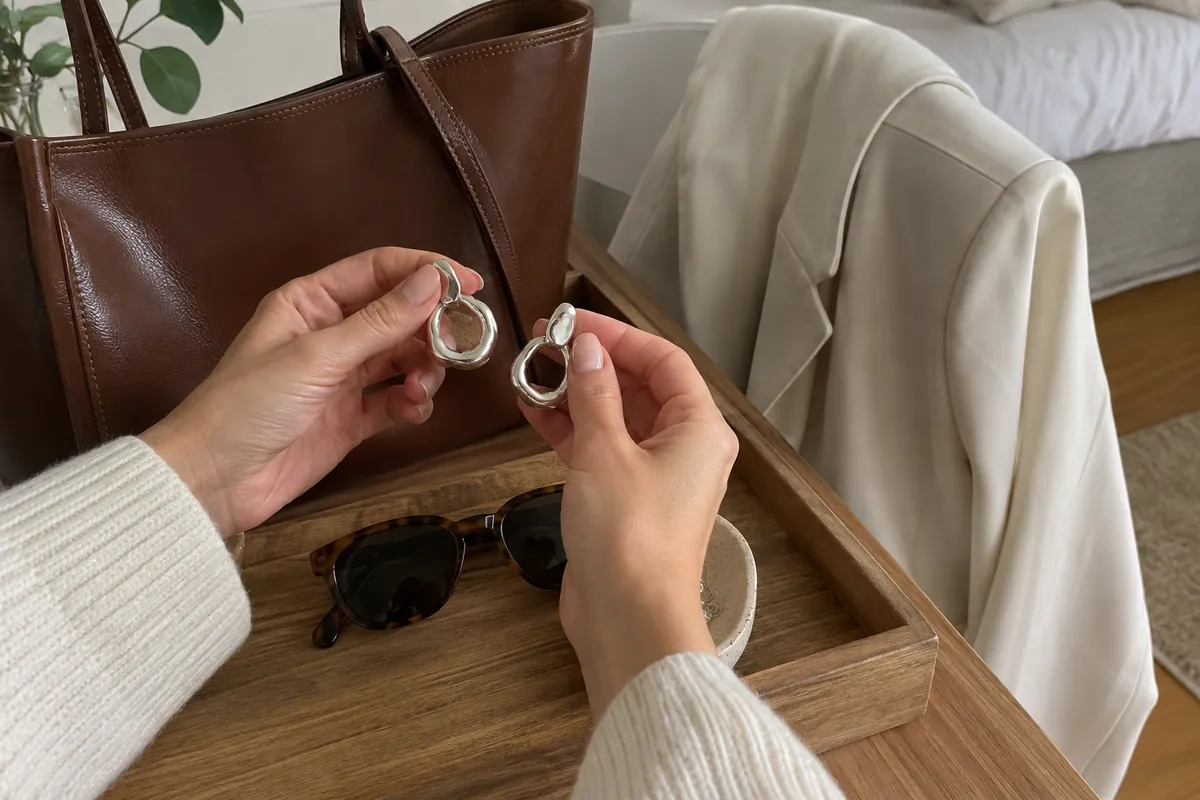 Hands holding silver earrings above a wooden tray with a tote bag and sunglasses