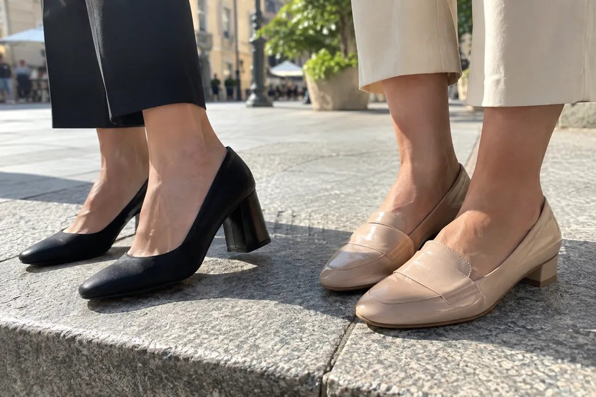 A pair of black block-heel pumps and a pair of nude low-heel loafers side by side on a stone step in a sunny street
