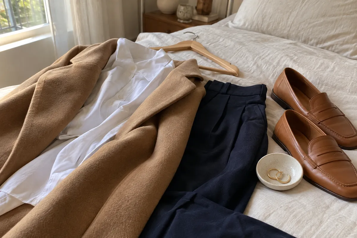 A neutral capsule wardrobe on a linen bed: camel coat, white shirt, navy trousers and loafers