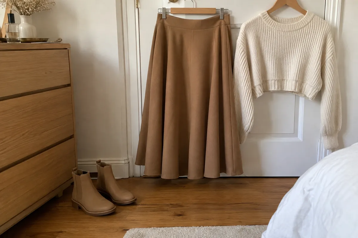 A camel midi skirt on a hanger beside a cropped cream knit top and flat ankle boots on a wooden floor