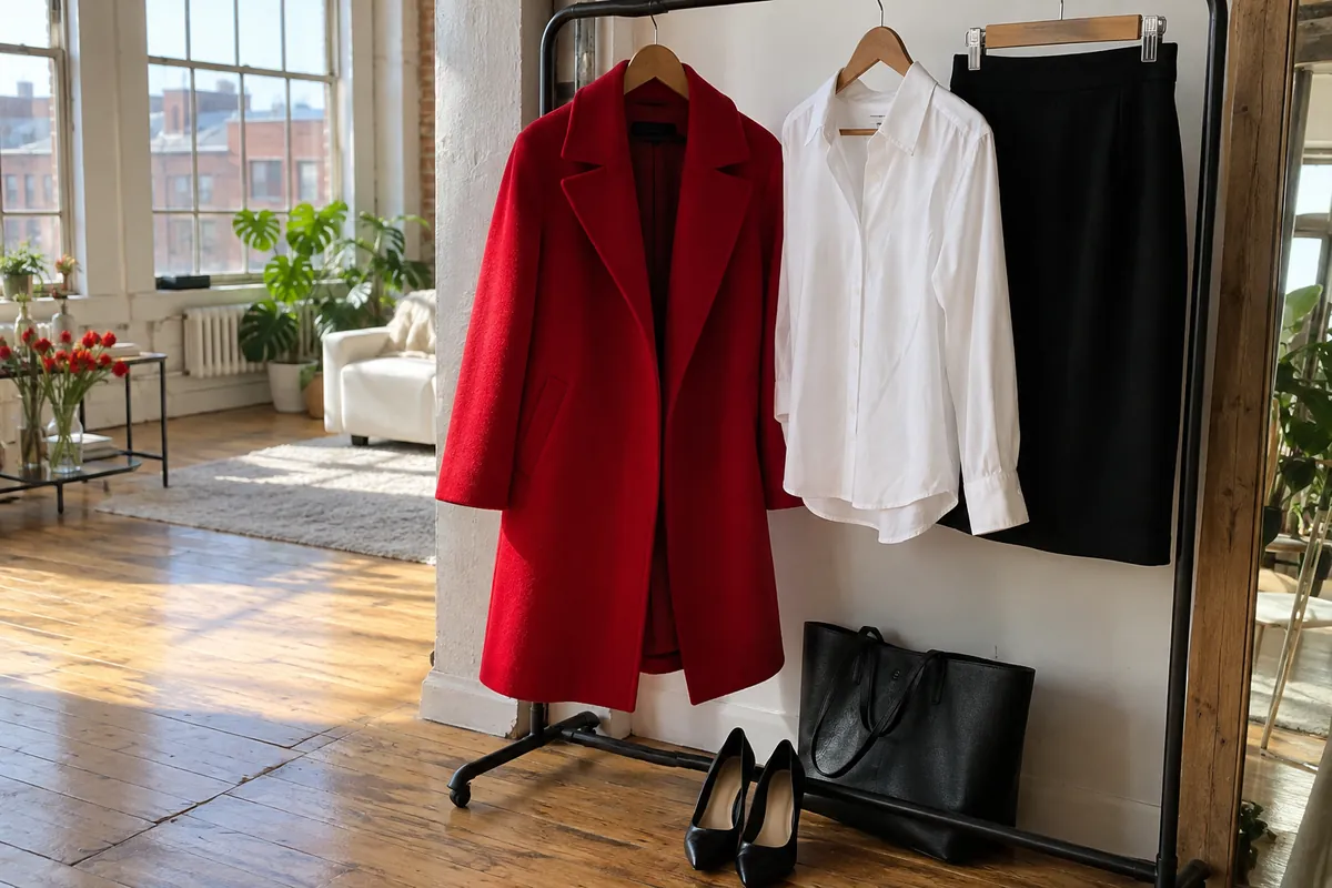 A bold red coat on a hanger beside a plain white shirt and a black skirt in a bright loft with one accent of colour