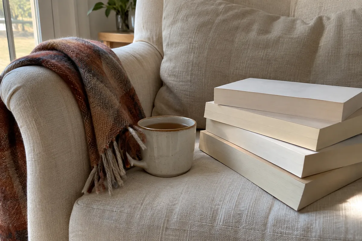 A stack of paperback books with blank spines and a cup of tea on a linen armchair with a folded scarf over the arm