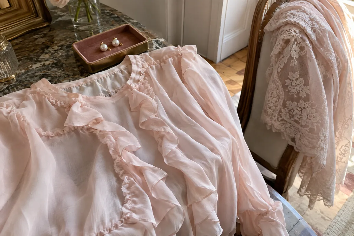 A soft ruffled blush blouse, pearl earrings on a velvet tray and a lace shawl folded over a chair in pale pink tones