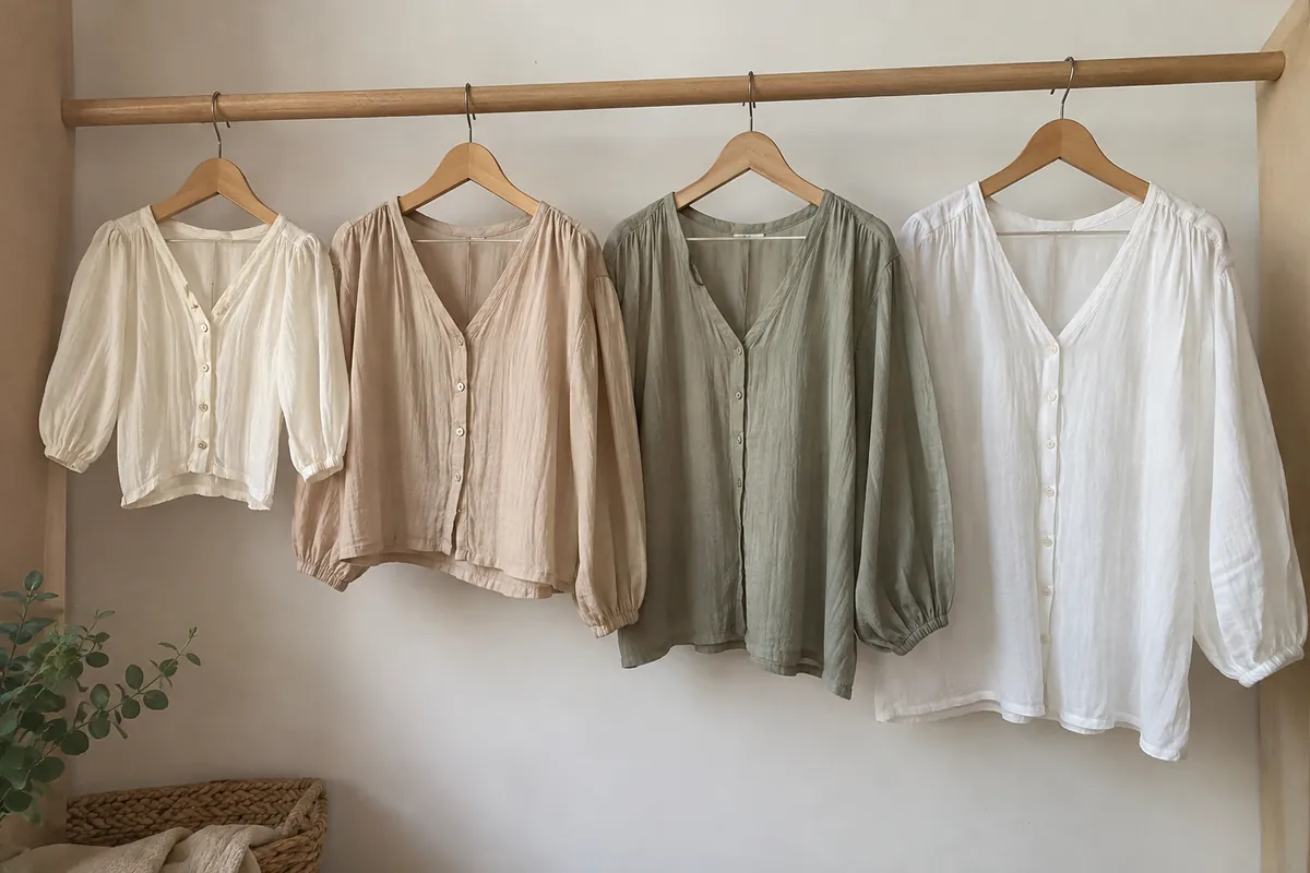 Blouses in different sizes on wooden hangers against a pale wall in a neutral palette with soft even light