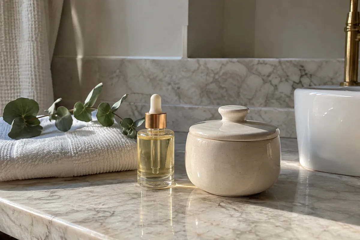 Marble bathroom shelf with a dropper bottle, a ceramic jar, a folded white towel and a sprig of eucalyptus in soft window light