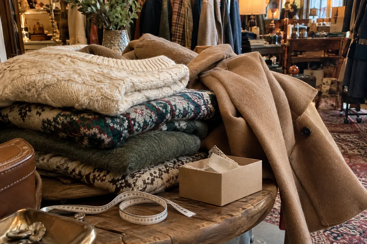Vintage wool sweaters and a camel coat piled on a wooden table in a secondhand shop, with a measuring tape and a small cardboard box beside them