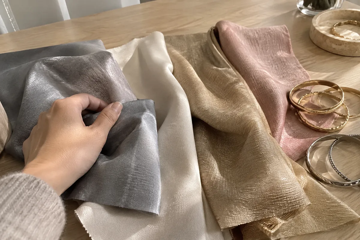 Fabric swatches draped over a pale wooden table in silver-grey, warm ivory, gold-beige and rose tones with gold and silver bangles beside them