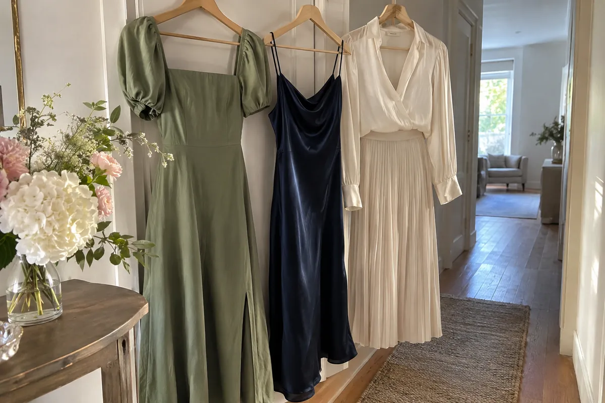 Three dresses on hangers in a bright hallway near a vase of flowers: a sage green midi dress, a navy satin slip dress and a cream pleated skirt with a silk blouse