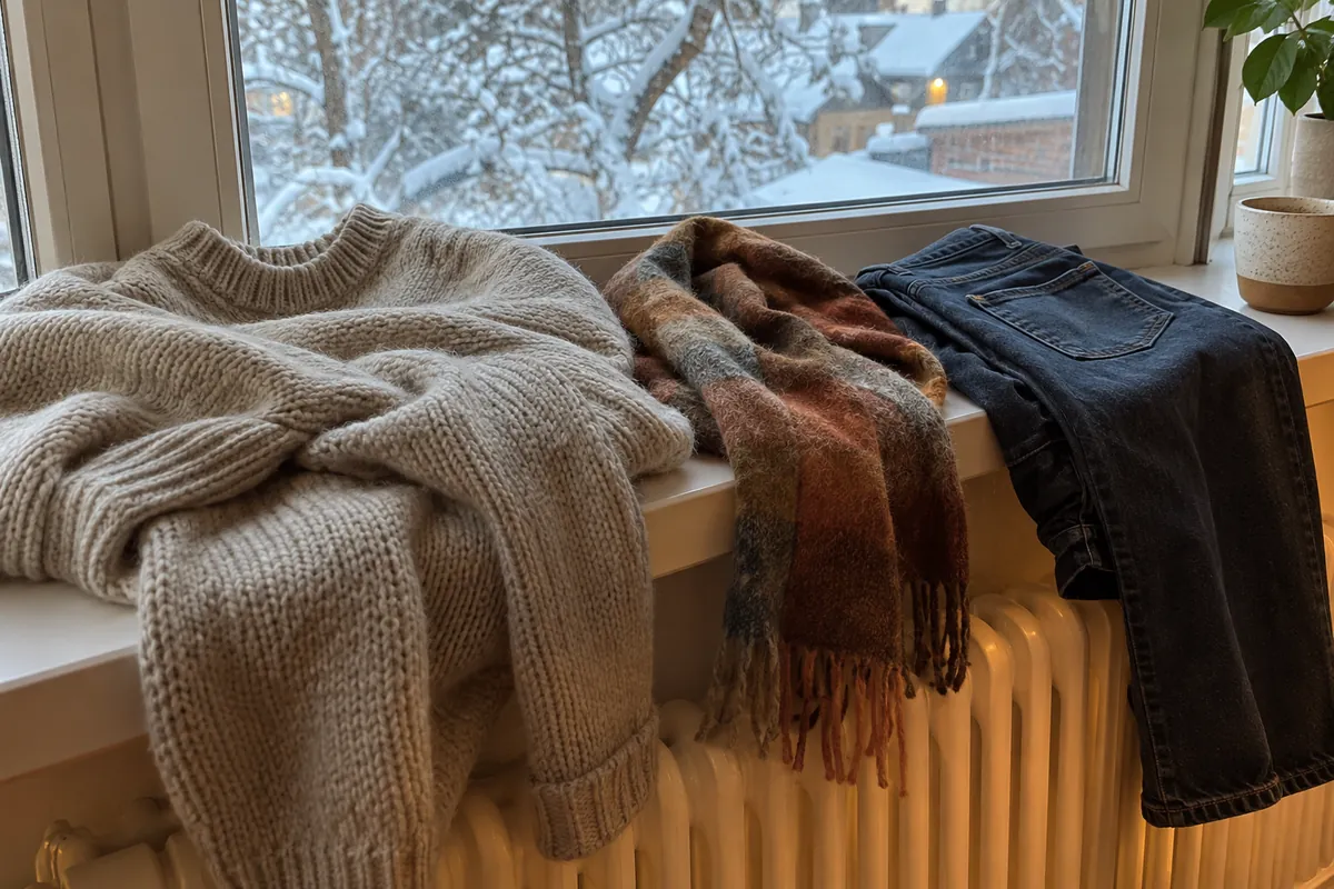 An oatmeal knit sweater, a wool scarf and dark jeans arranged on a windowsill with snowy light outside and a radiator below